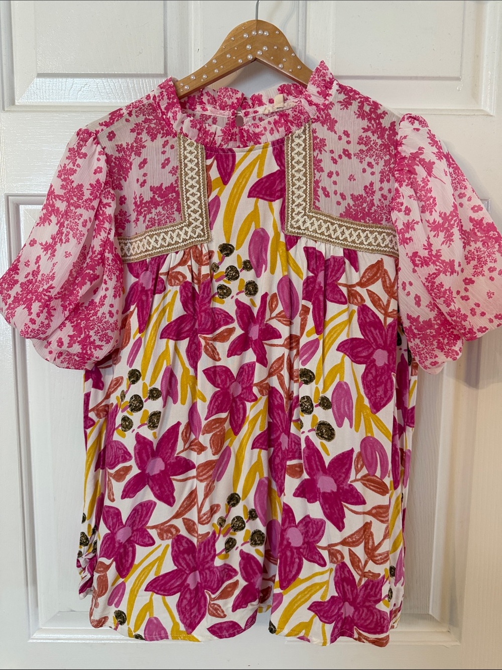 JODIFL White and Hot Pink Floral Smocked Blouse